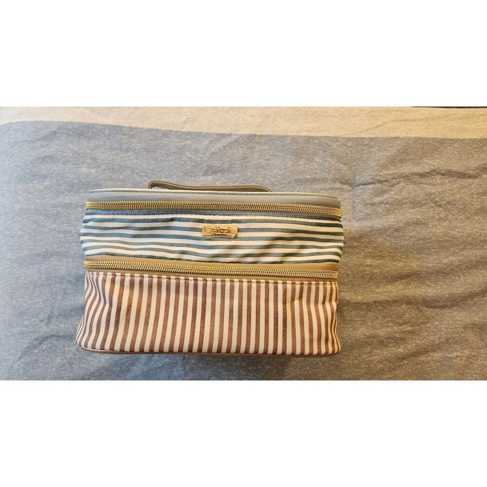 Scunci Striped Double Zip Cosmetic Train Case Makeup Bag Blue Brown Travel